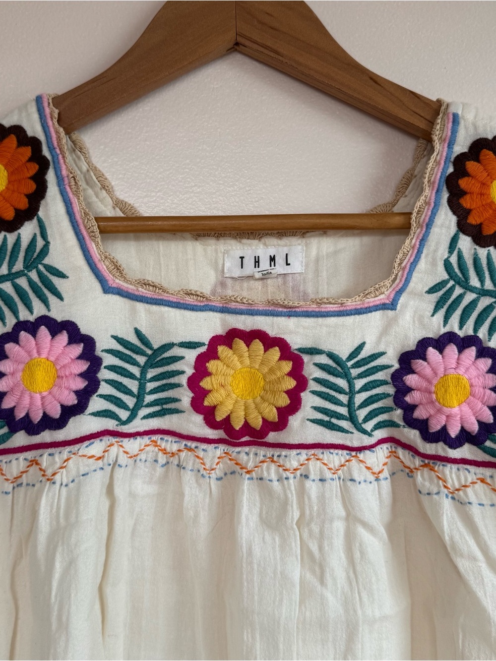 THML Boho Mexican Floral Embroidered Gauze Square Neck Cotton Top Cream - Medium - Picture 2 of 13